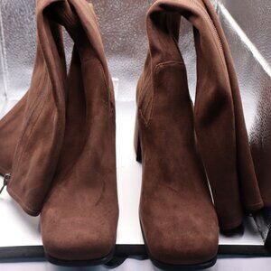 Jeffrey Campbell HOTLAVA-K2 Brown Suede Block Heel Squared Toe Knee High 5.5M